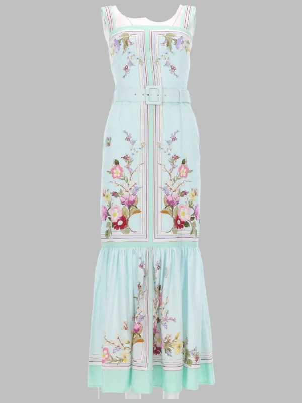 Midi Dress Floral Print Green Linen-Cotton made by Self-Portrait