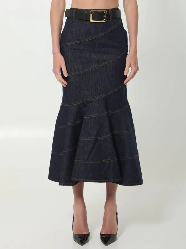 Indigo denim belted midi skirt made by Self-Portrait