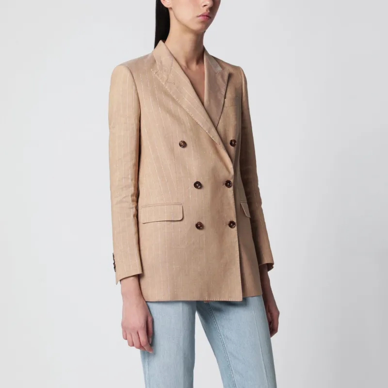 BEIGE DOUBLEBREASTED PINSTRIPE LINENBLEND JACKET made by Tagliatore