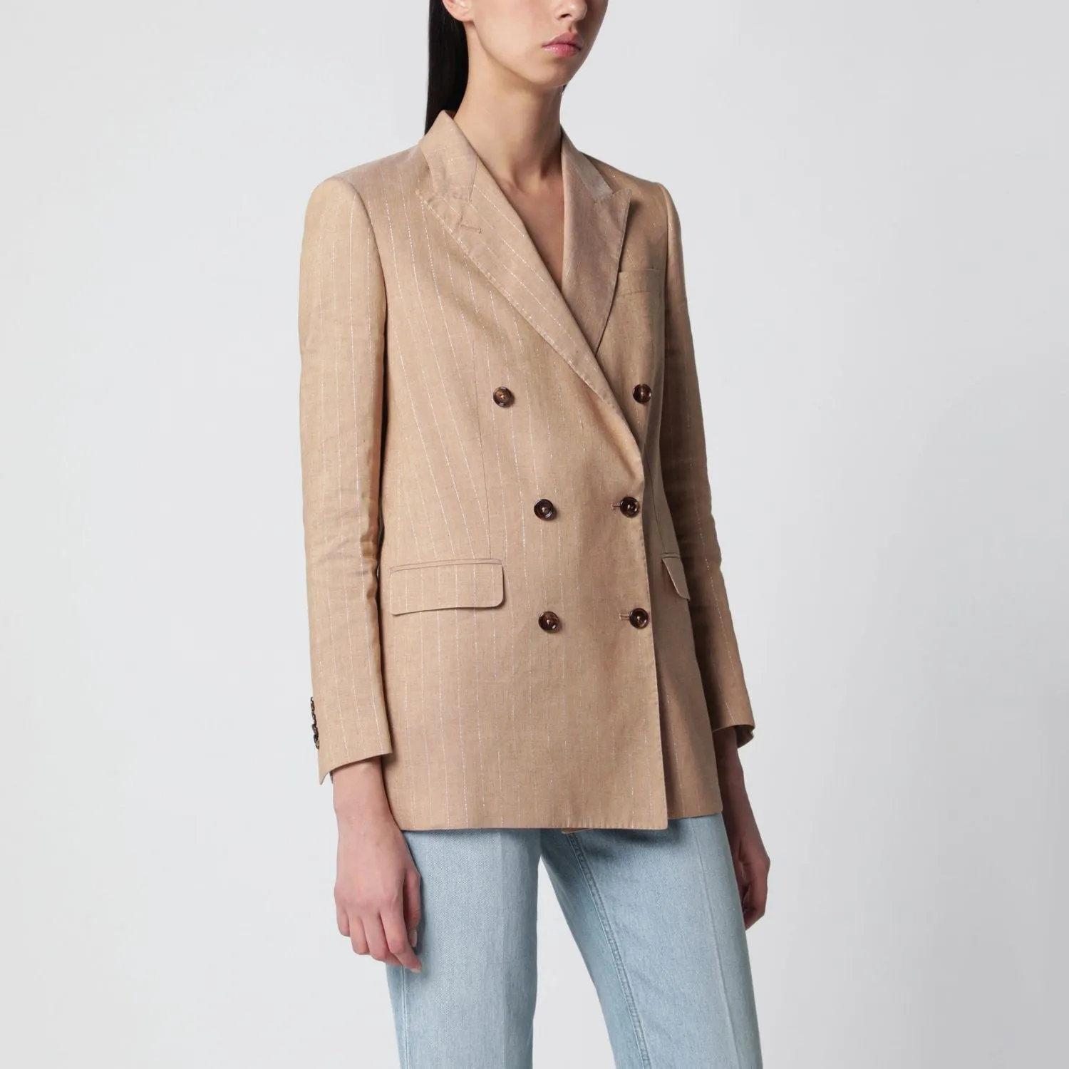 BEIGE DOUBLEBREASTED PINSTRIPE LINENBLEND JACKET sold by Lord & Taylor