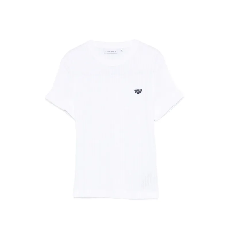 White Ribbed Knit T-Shirt with Heart Appliqué made by Maison Labiche