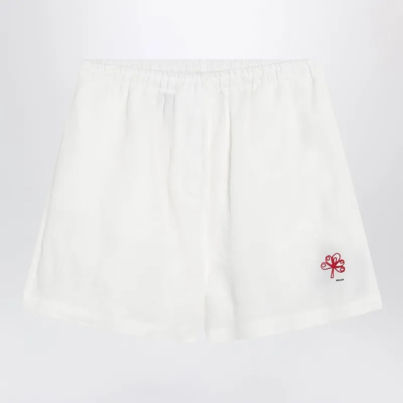 WHITE EMBROIDERED LINEN SHORTS made by Prada
