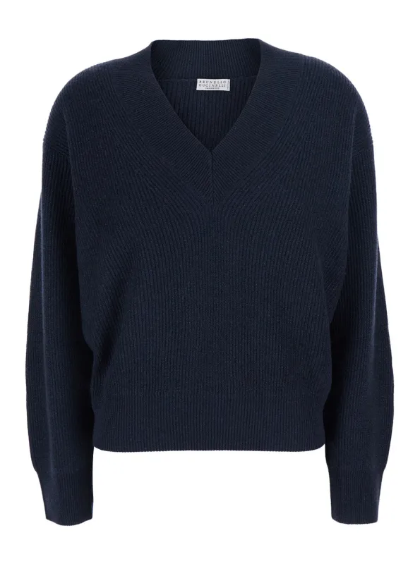 Sweater V-Neck Cashmere Blend Blue made by Brunello Cucinelli