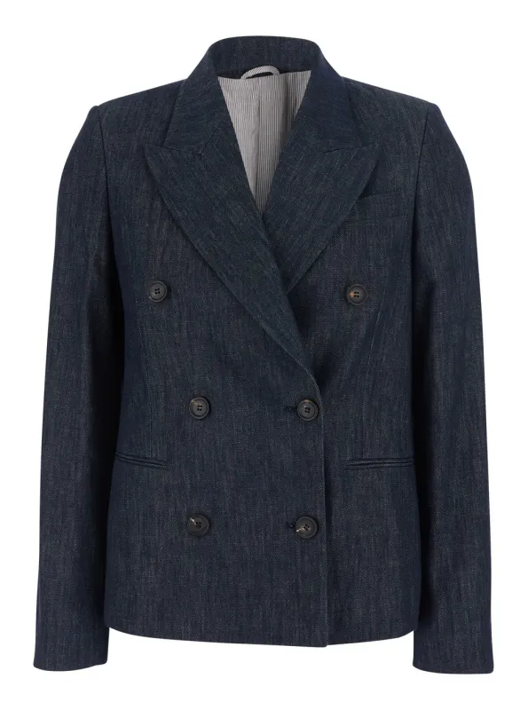Jacket Double-Breasted Cotton Blue made by Brunello Cucinelli