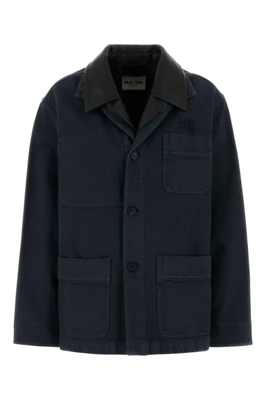 SINGLE-BREASTED JACKET IN GABARDINE AND LEATHER made by Miu Miu