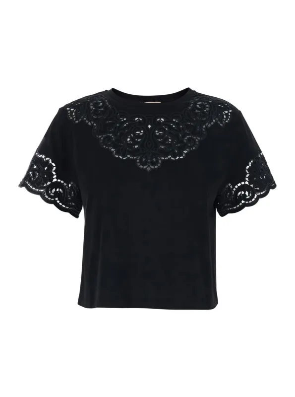 T-shirt with Lace Details, Black Cotton made by Twinset