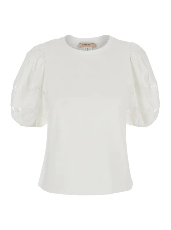 T-Shirt with Embroidered Sleeves — White made by Twinset