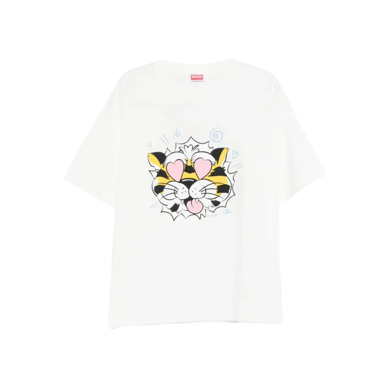 White Tiger Print Crew Neck T-Shirt made by Kenzo