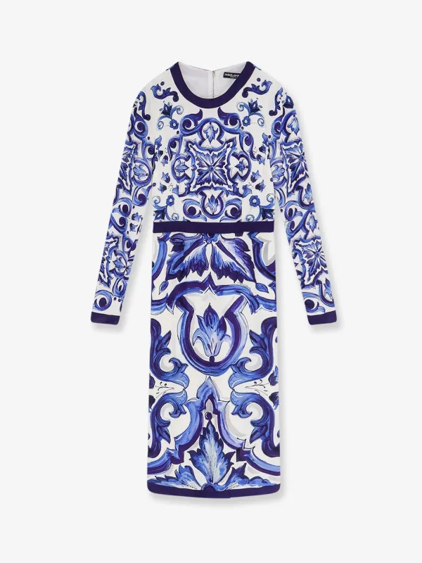Silk-Blend Dress Maiolica Print Blue made by Dolce & Gabanna