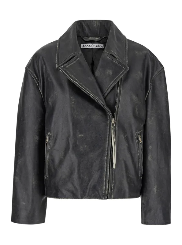 Black Vintage Leather Biker Jacket for Women made by Acne Studios
