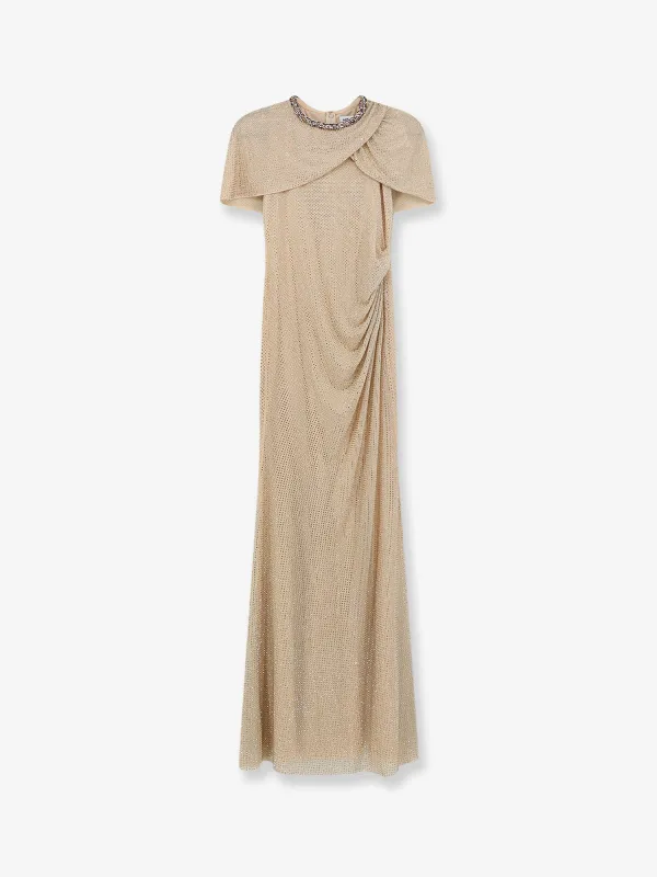 Maxi Dress Rhinestone Trim Beige made by Self-Portrait