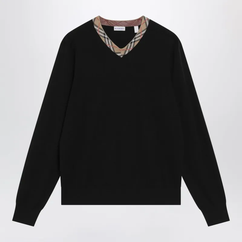 BLACK WOOL SWEATER WITH CHECK MOTIF NECKLINE made by Burberry