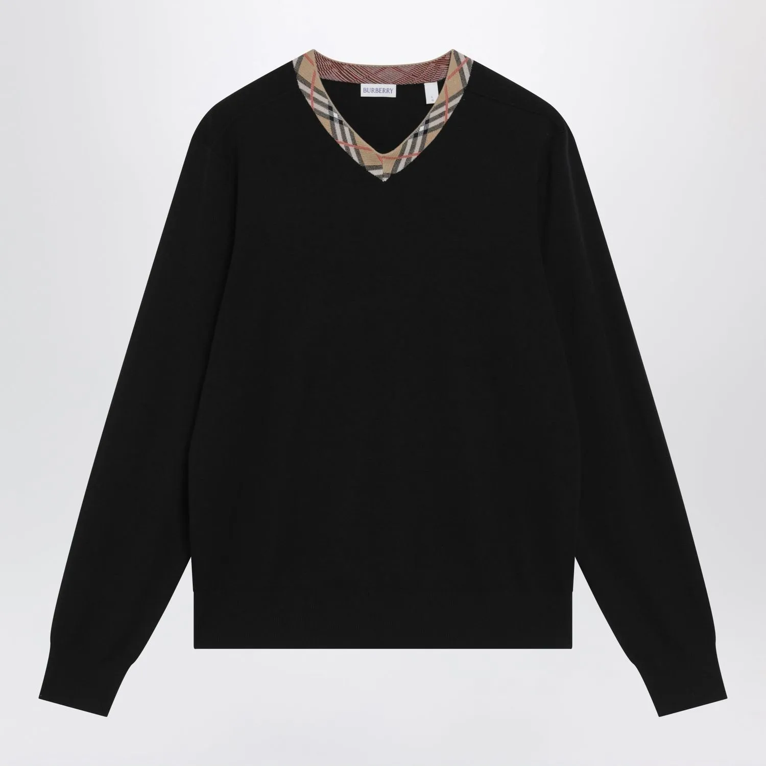 BLACK WOOL SWEATER WITH CHECK MOTIF NECKLINE sold by Lord & Taylor