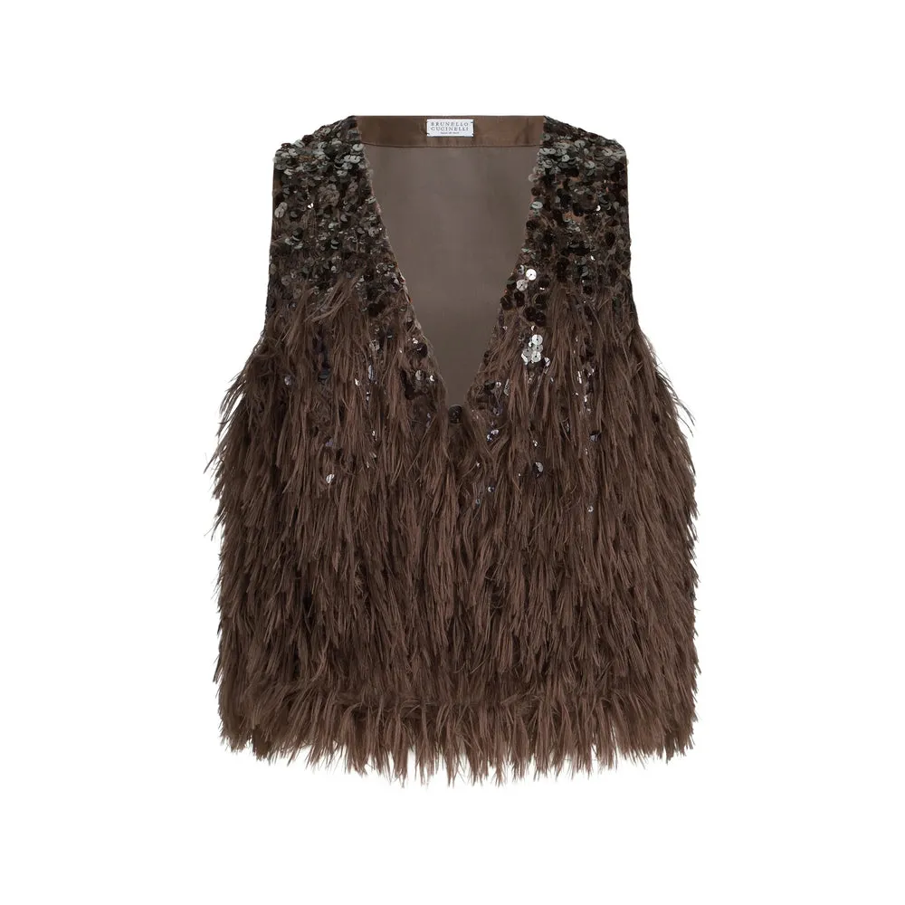 Waistcoat V-Neck with Sequin Embellishment — Brown sold by Lord & Taylor