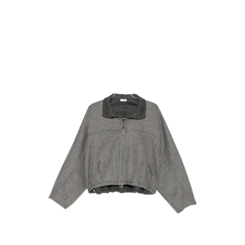 Sweater High-Neck Two-Way Zip Grey made by Brunello Cucinelli