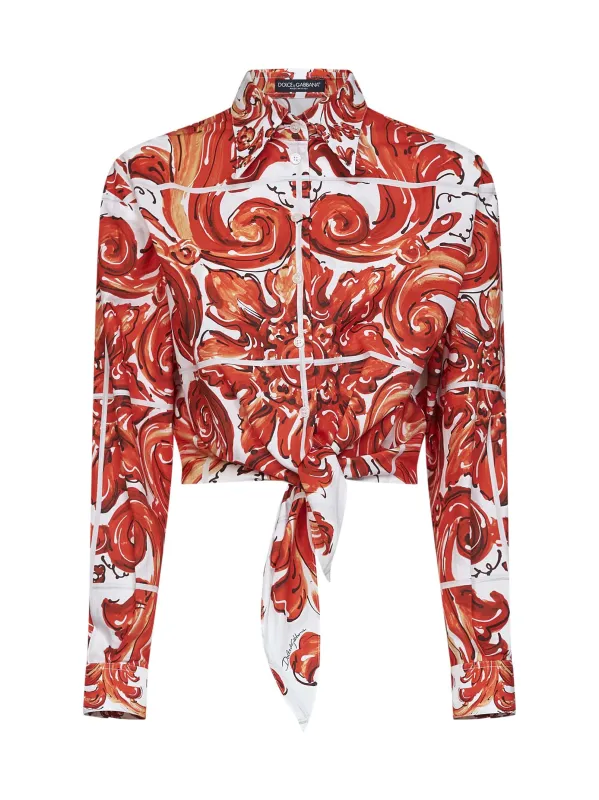 Cropped Maiolica-Print Shirt, Orange made by Dolce & Gabanna