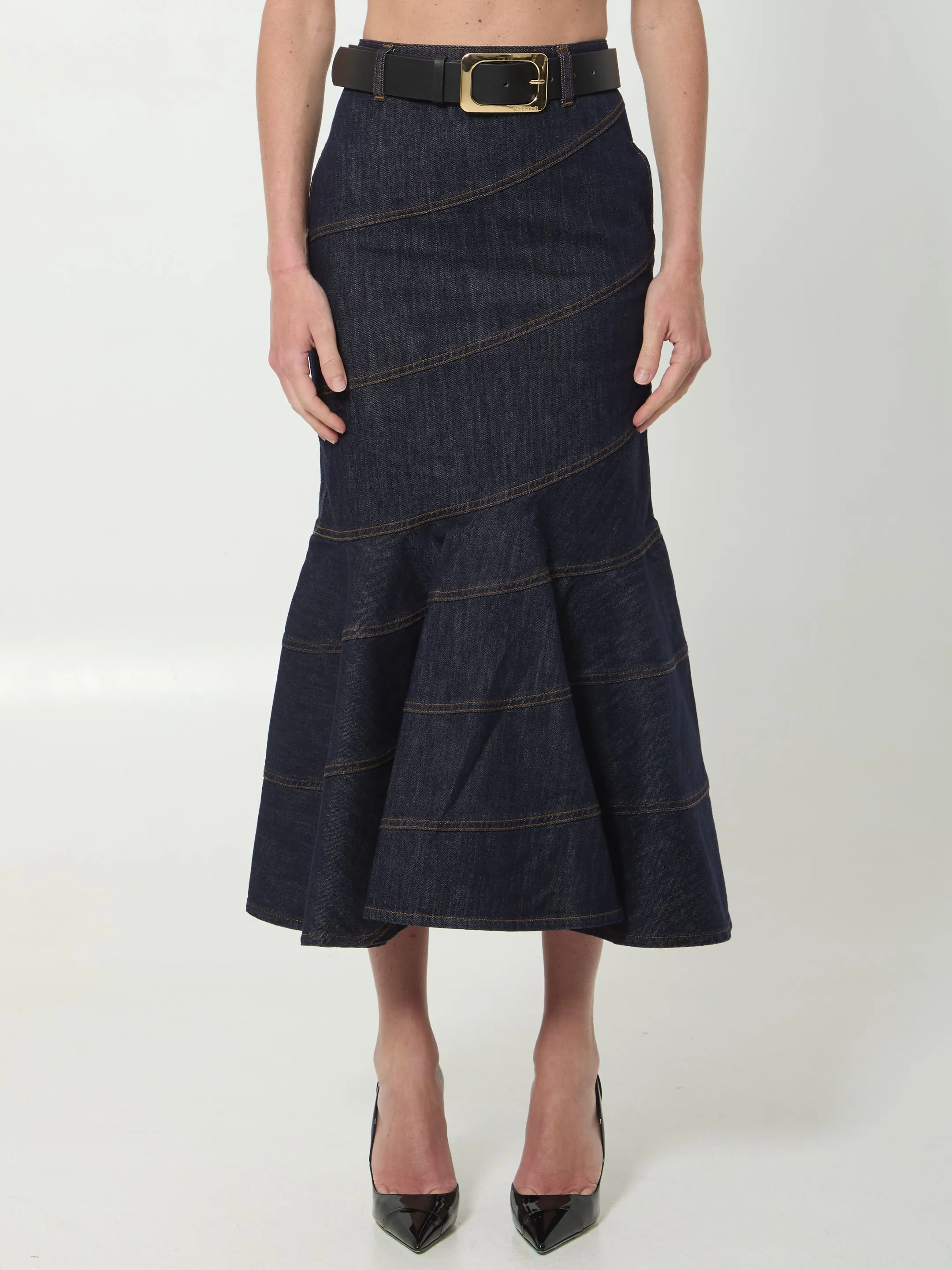 INDIGO DENIM BELTED MIDI SKIRT sold by Lord & Taylor