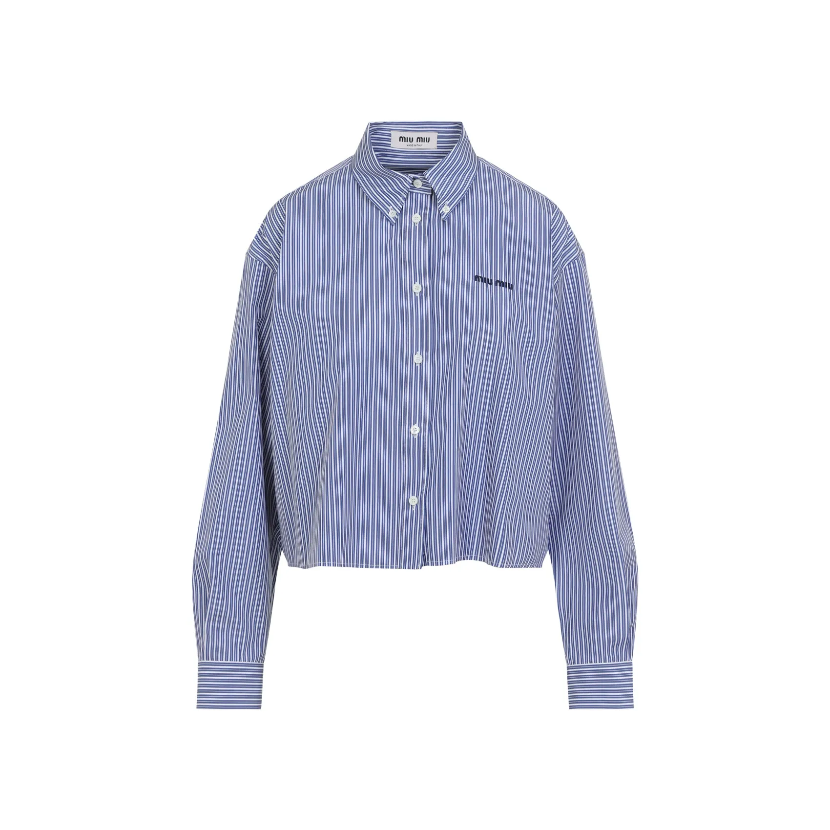 WHITE AND COBALT STRIPED CROPPED SHIRT sold by Lord & Taylor