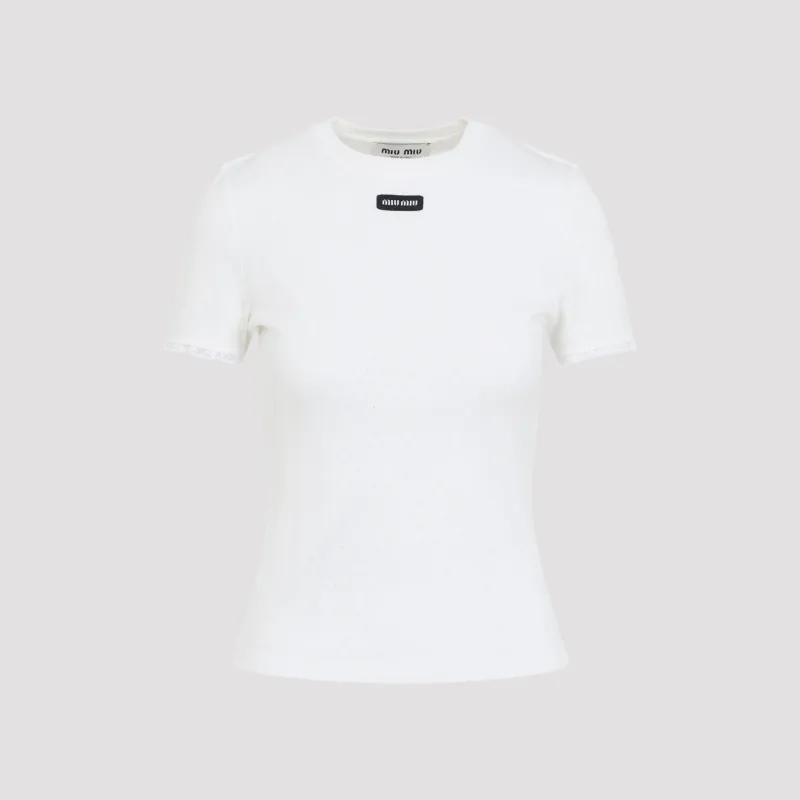 Miu Miu Cotton T-Shirt, White with Logo Patch made by Miu Miu