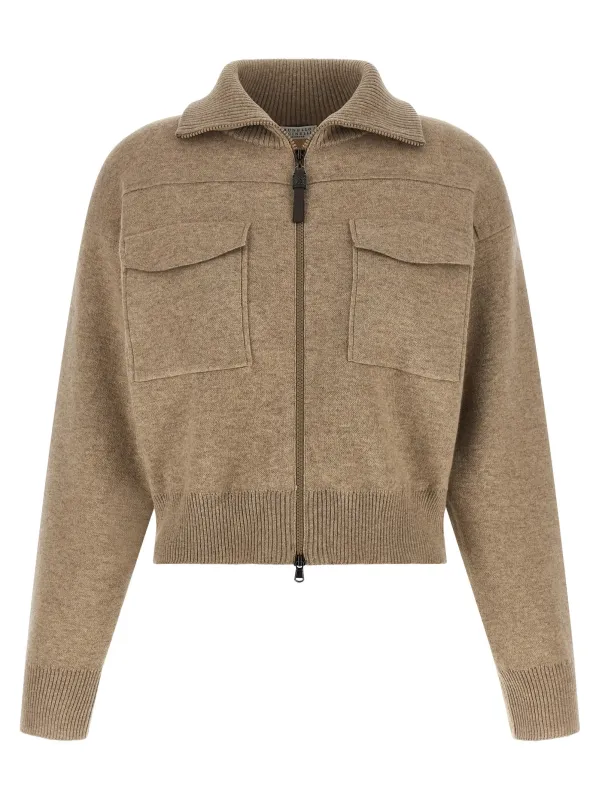 'Shiny Zipper Pull' Wool cardigan made by Brunello Cucinelli
