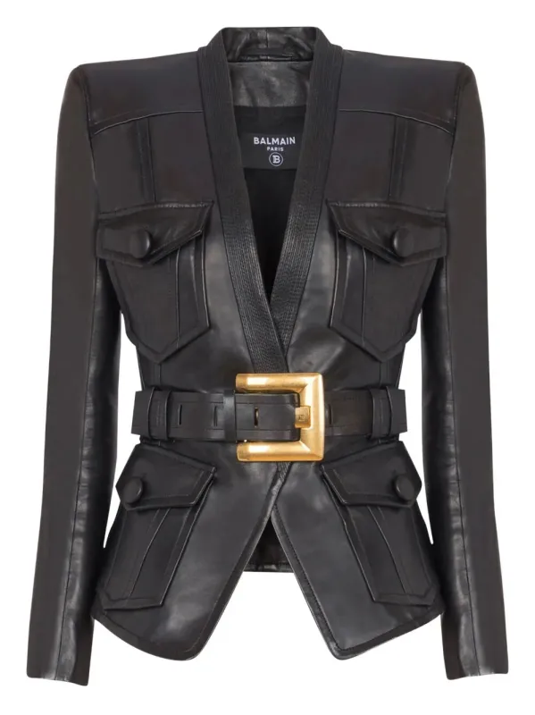 "4 POCKETS" BELTED FITTED LAMBSKIN JACKET made by Balmain