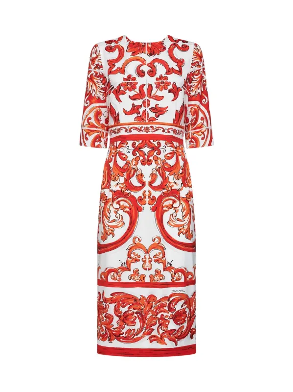 Midi Dress in Orange Maiolica Print made by Dolce & Gabanna