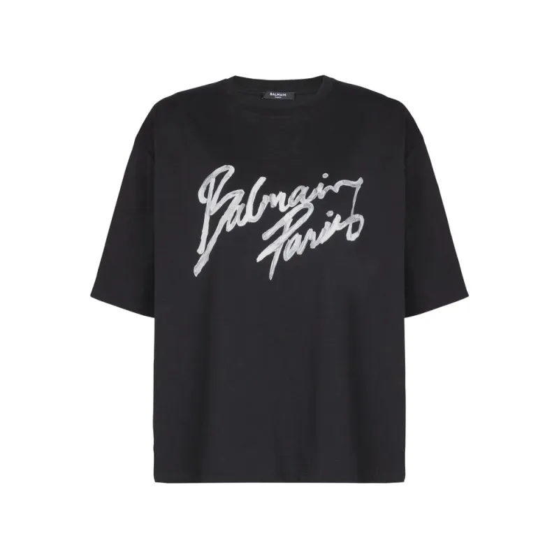 Black Cotton T-Shirt with Brush Print made by Balmain