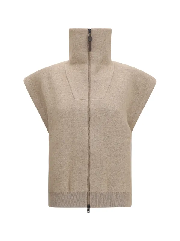 Cardigan High-Neck Zip Brown Cashmere made by Brunello Cucinelli