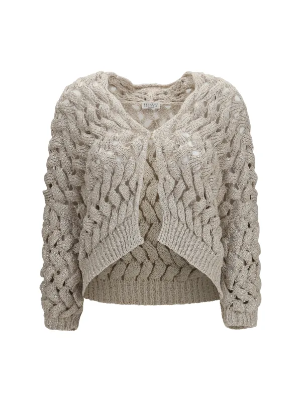 Cardigan Openwork Sequin Stone Brown made by Brunello Cucinelli