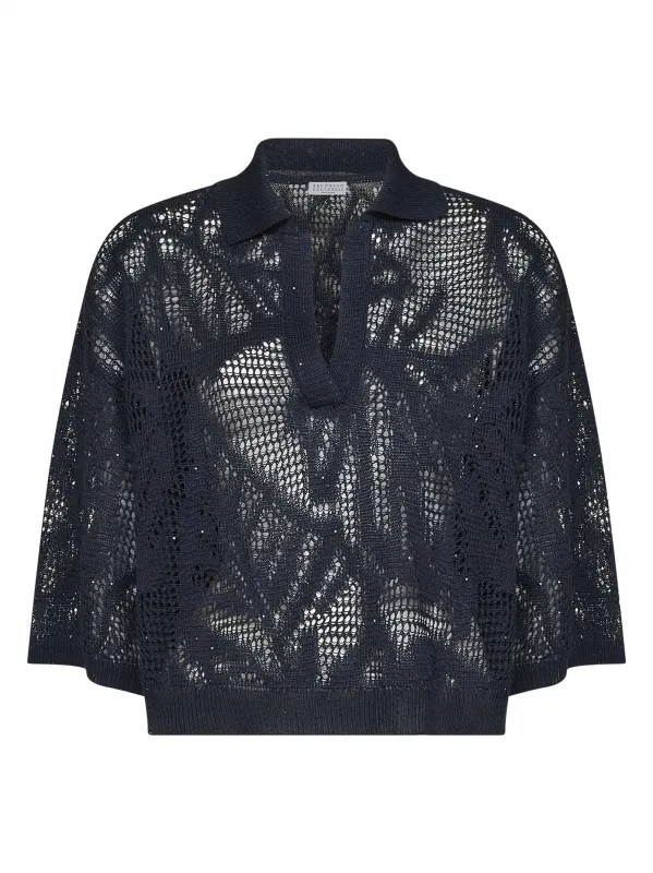 Polo Shirt Dazzling Water Lillies Blue Linen made by Brunello Cucinelli