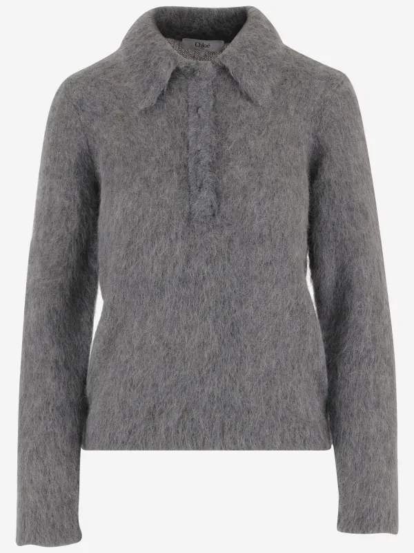 Polo Sweater Brushed Alpaca Grey made by Chloe
