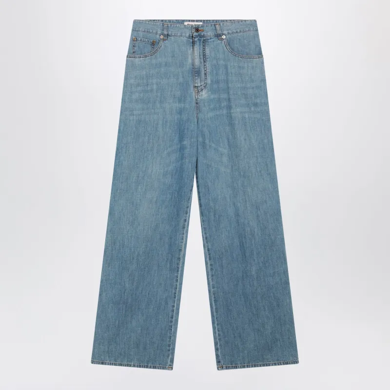 HIGHWAISTED WIDELEG CHAMBRAY PANTS IN LIGHT BLUE made by Miu Miu