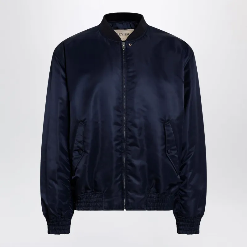 SHINY NAVY BLUE ZIPUP BOMBER JACKET WITH VLOGO made by Valentino Garavani