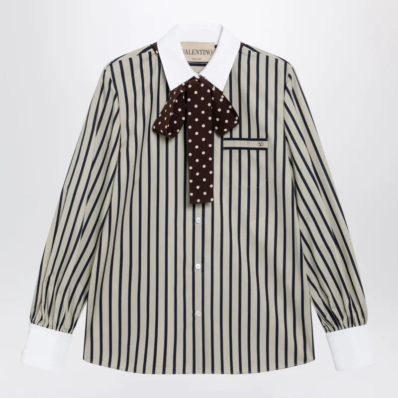 STRIPED COTTON SHIRT WITH SCARF IN BEIGE AND BLUE made by Valentino Garavani