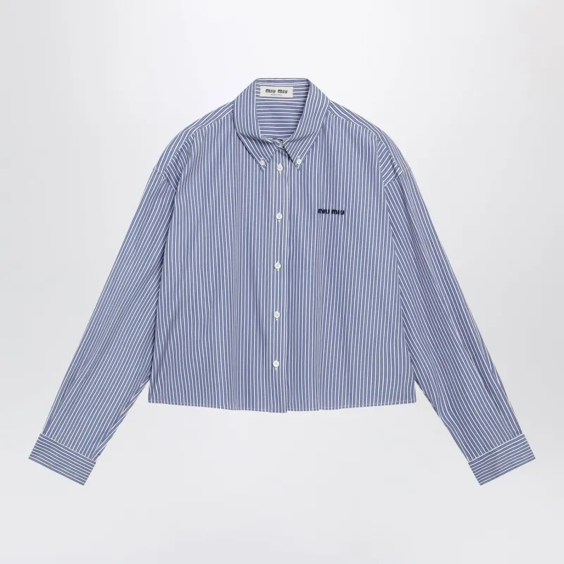 WHITE/COBALT STRIPED CROPPED SHIRT WITH LOGO EMBROIDERY made by Miu Miu