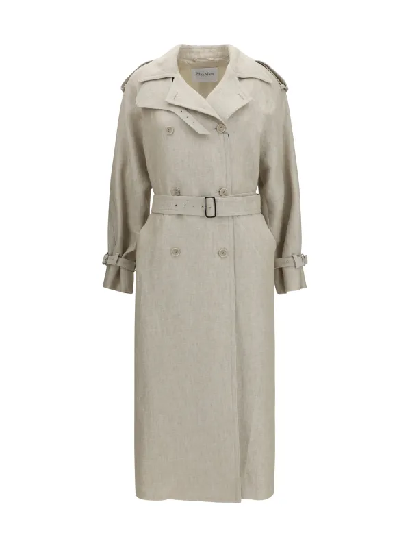 Trench Coat Double-Breasted Linen Brown Grey made by MaxMara
