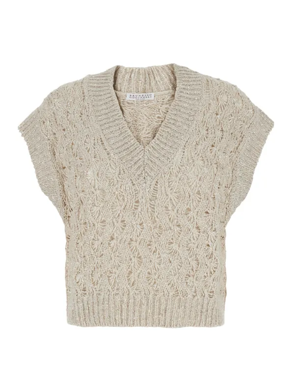 V-Neck Vest in Beige Silk-Linen made by Brunello Cucinelli