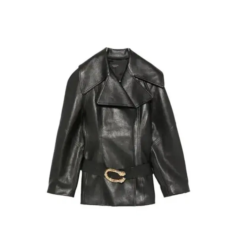 Short leather trench jacket with belt made by Gucci