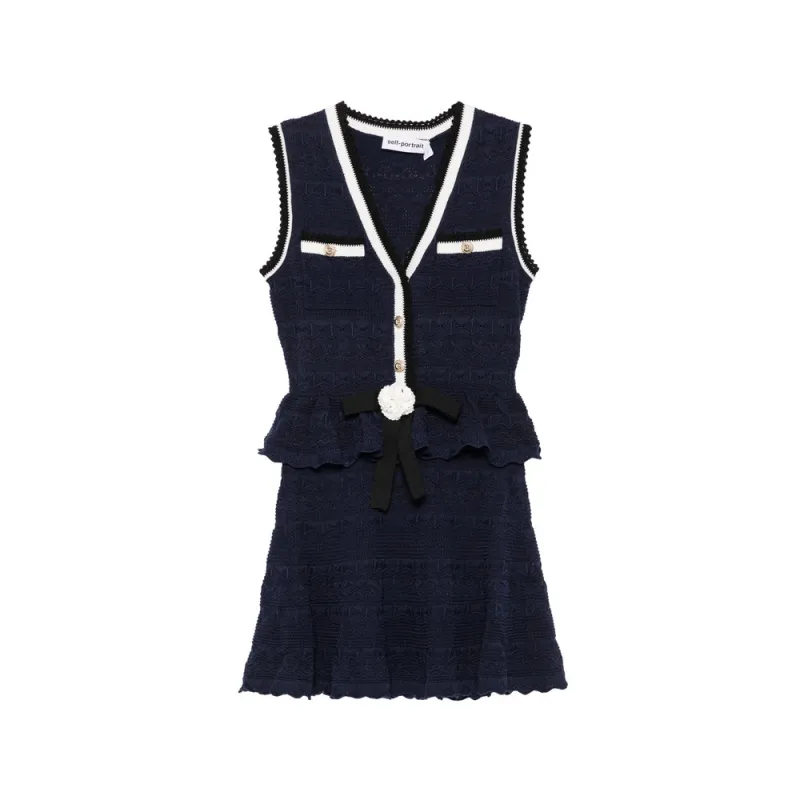 Dress V-neck Pointelle Knit Blue made by Self-Portrait