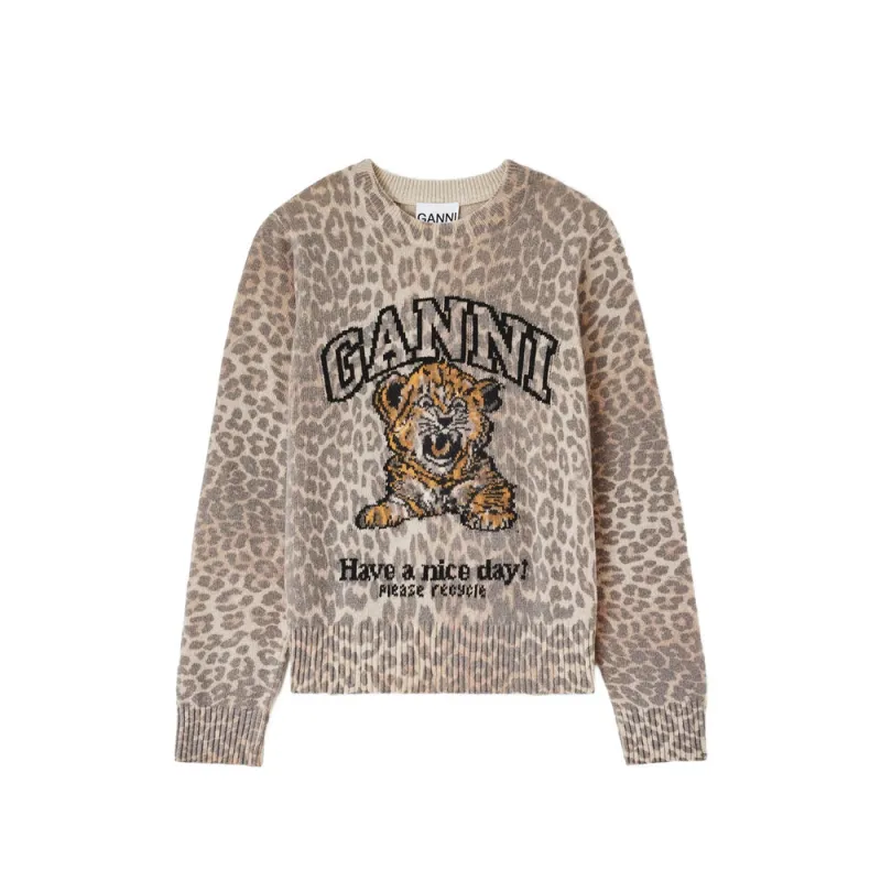 Sweatshirt Beige Leopard Intarsia made by Ganni