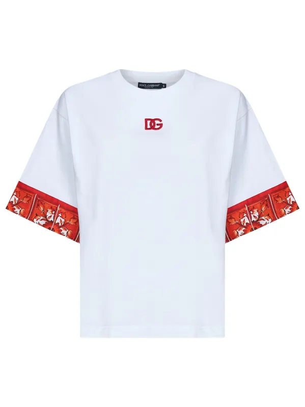 Jersey T-shirt with Maiolica-Print Scarf, White made by Dolce & Gabanna