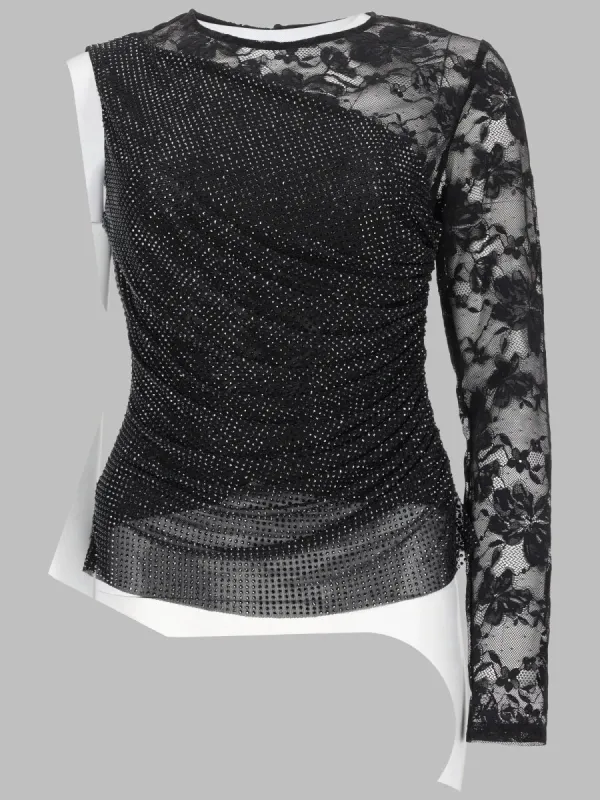 One-Shoulder Lace Top with Rhinestones, Black made by Self-Portrait