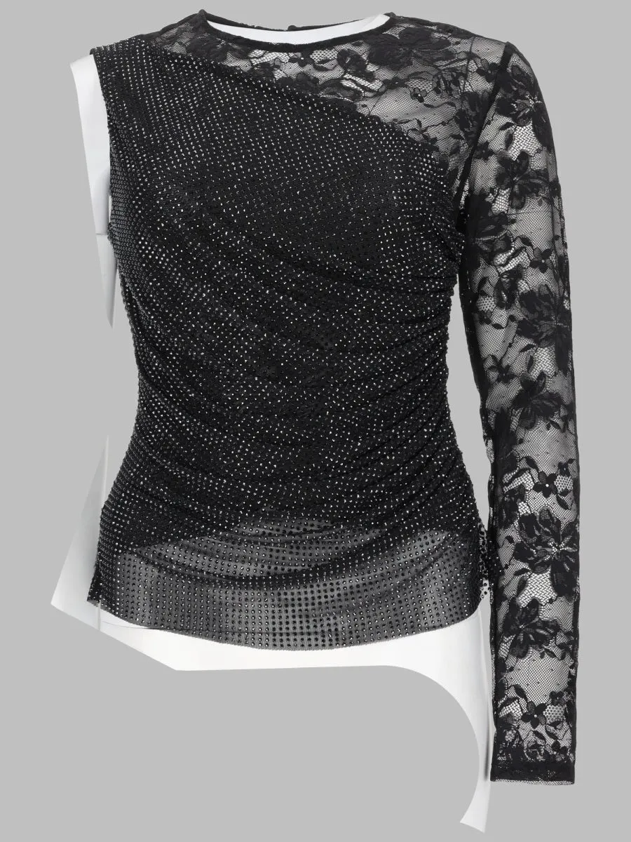 One-Shoulder Lace Top with Rhinestones, Black sold by Lord & Taylor