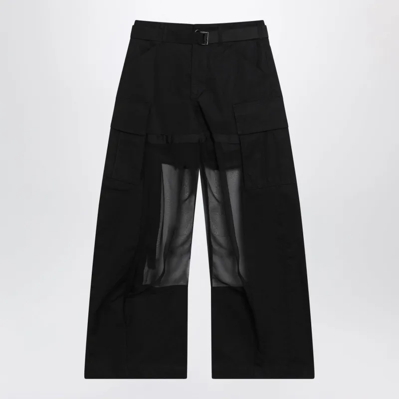BLACK CARGO TROUSERS WITH SEMISHEER INSERT made by Sacai