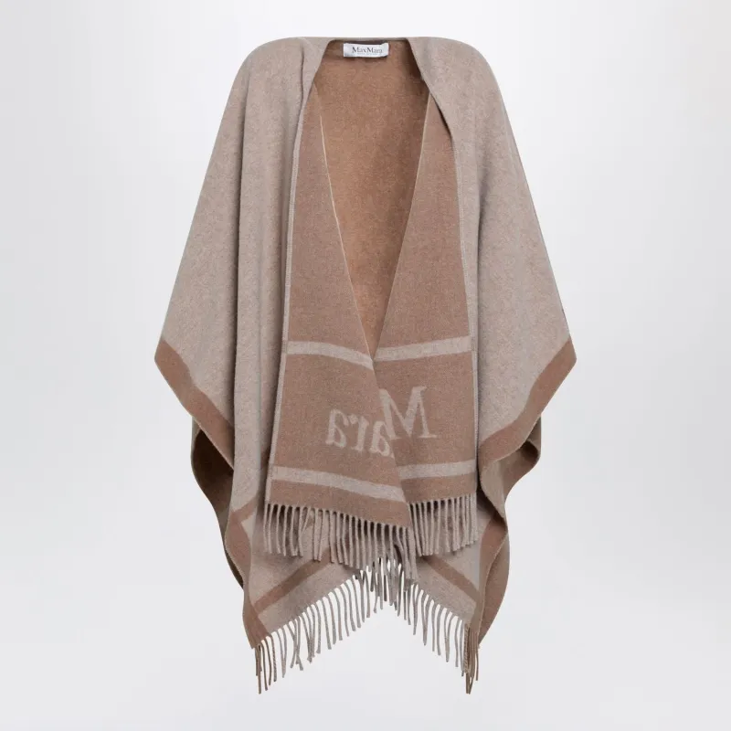JACQUARD PONCHO WITH FRINGES IN SANDCOLORED WOOL made by MaxMara