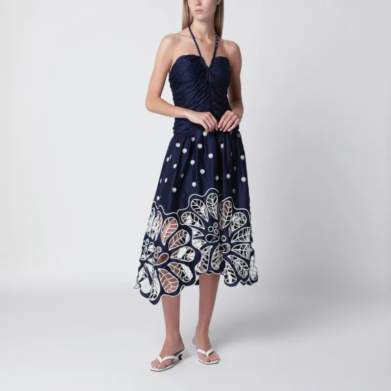 NAVY BLUE RICHELIEU MIDI DRESS WITH EMBROIDERY made by FARM Rio