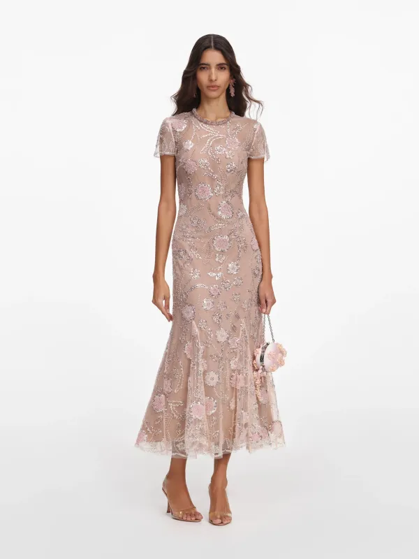 PINK FLOWER SEQUIN EMBELLISHED MIDI DRESS made by Self-Portrait
