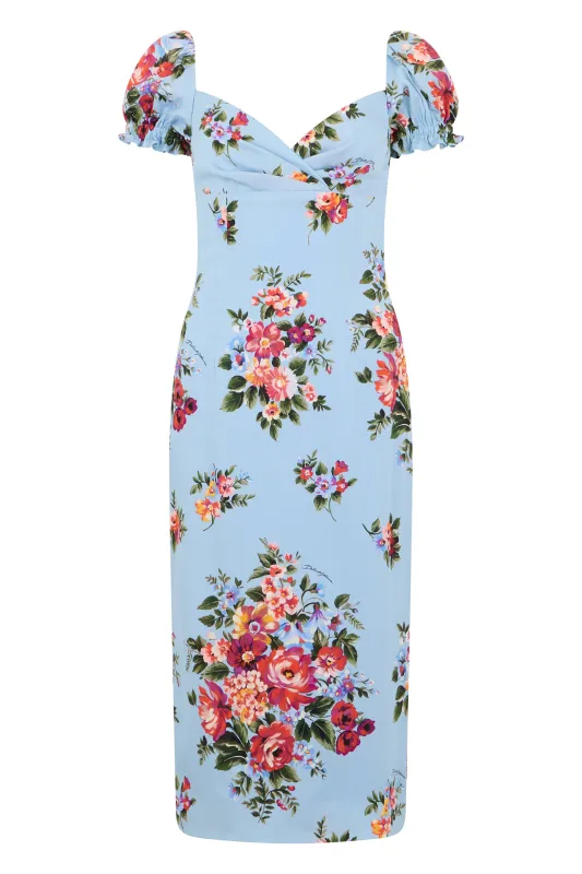 Midi Silk Dress Light Blue Floral made by Dolce & Gabanna