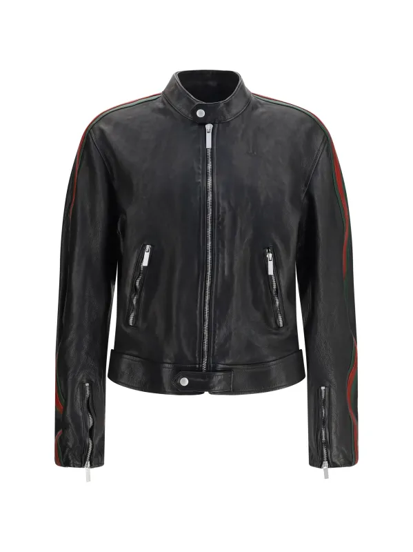 Bomber Jacket Buffalo Leather Black/Green/Red made by Gucci