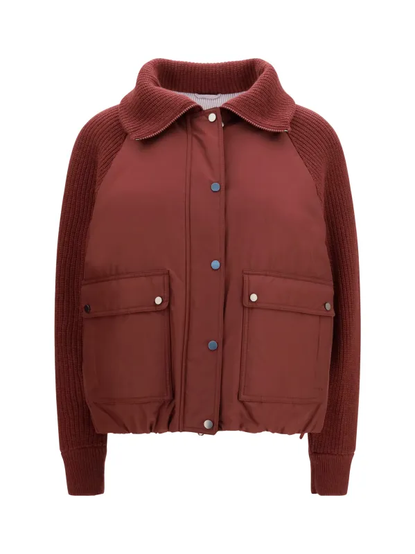Down Jacket with Wool Sleeves Plum made by Brunello Cucinelli
